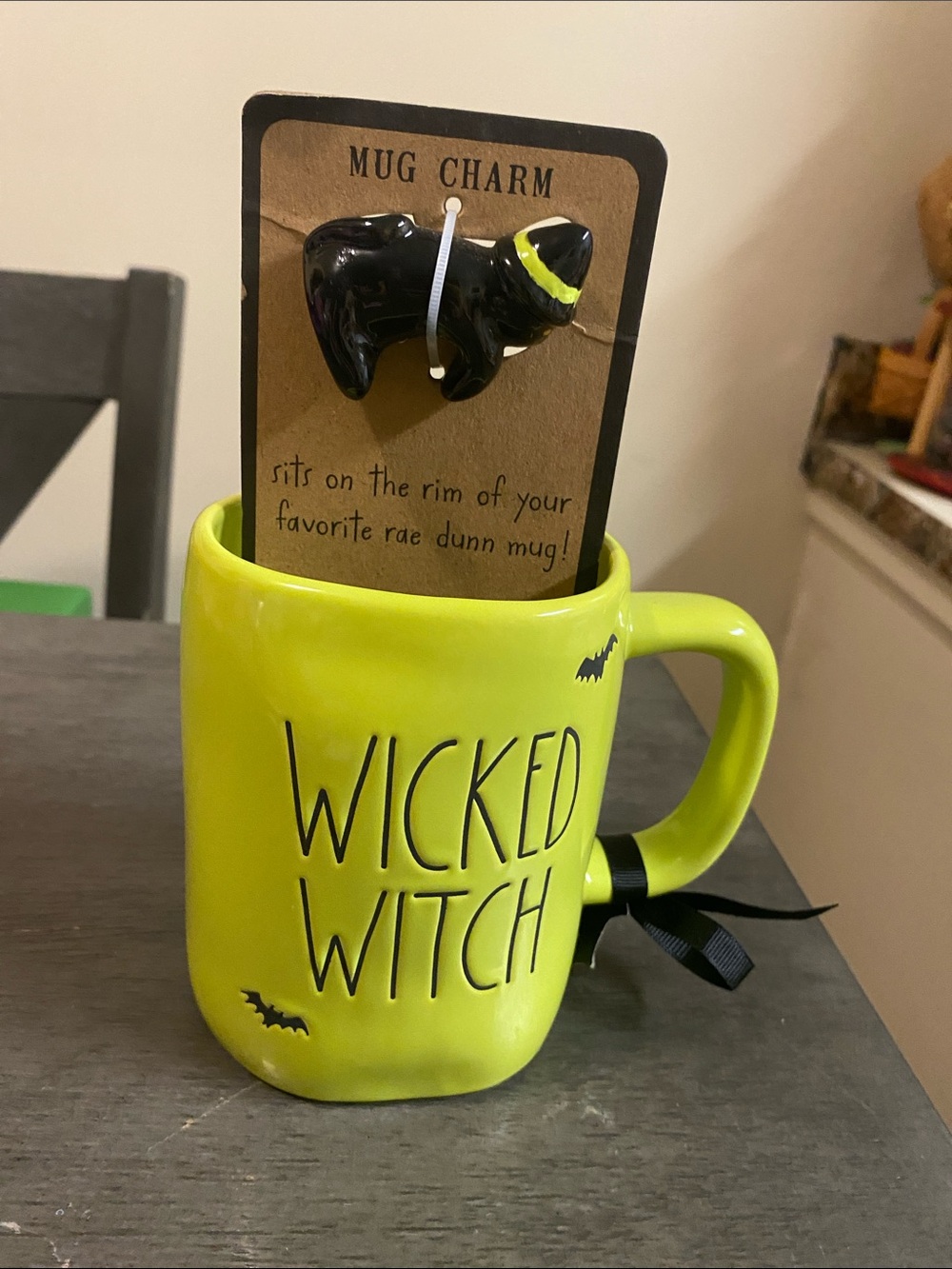 Rae Dunn Lime Green "Wicked Witch" Ceramic Mug with Black Bat Accents